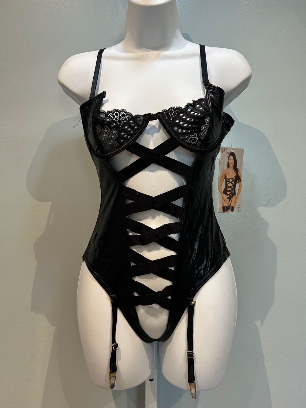 Seven Til Midnight Black Lace Teddy with Strappy Front Medium New with Tags